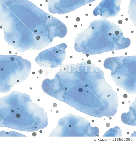 Watercolor seamless pattern. Drops, splashes of blue and blue colors, hand-drawn with watercolor. Watercolor illustration. Suitable for printing on fabric, paper, for scrapbooking, creativity, design. 118696090