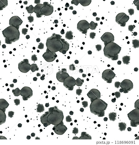 Watercolor seamless pattern. Drops, splashes of black ink, hand-drawn with watercolor. Watercolor illustration. Suitable for printing on fabric, paper, for scrapbooking, creativity and design. 118696091