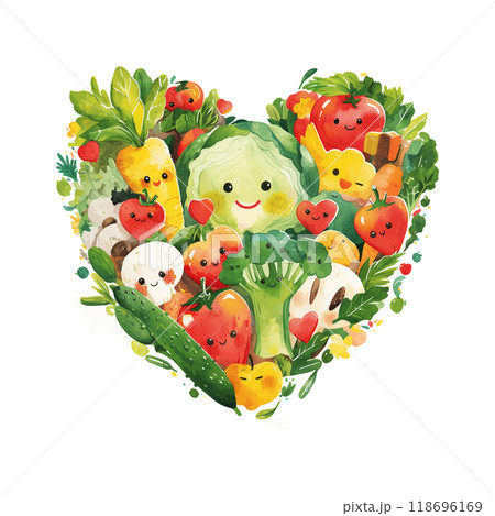 A cartoon heart made of vegetables and fruits. The heart is full of vegetables and fruits such as carrots, broccoli, and tomatoes. The cartoon character inside the heart is smiling and happy A cartoon heart made of vegetables and fruits. The heart is full of vegetables and fruits such as carrots, broccoli, and tomatoes. The cartoon character inside the heart is smiling and happy 118696169
