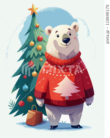 A polar bear is wearing a red sweater and a Santa hat. The bear is standing in front of a Christmas tree and a Christmas light display 118696178