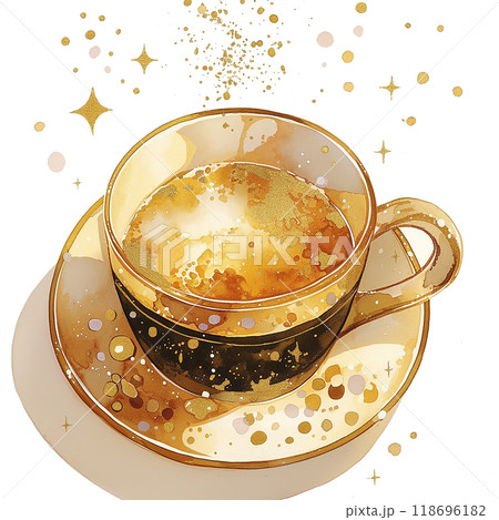 A cup of coffee with a spoon on top of it. The coffee is black and has some coffee beans floating in it. The cup is on a white plate 118696182