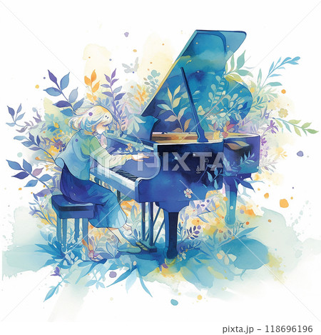A woman is playing a piano in a lush green field. The scene is serene and peaceful, with the woman's music adding to the calming atmosphere 118696196