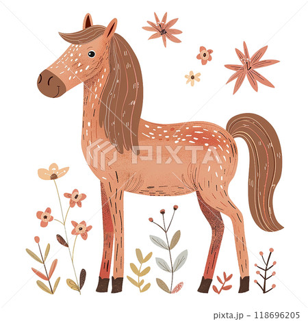 A cartoon horse is standing in a field of flowers. The horse has a big smile on its face and looks happy. The flowers are scattered around the horse, with some closer to the horse. The scene is bright 118696205