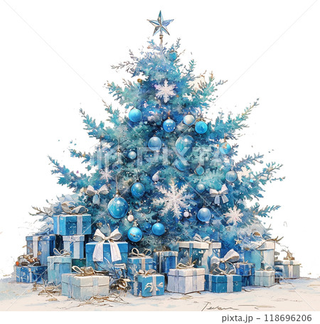 A blue Christmas tree with many ornaments and gifts underneath it. The tree is surrounded by boxes, and the gifts are scattered around the tree. Concept of warmth and joy, as it is the holiday season 118696206