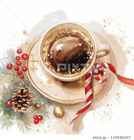 A cup of coffee with a cinnamon stick and a piece of orange on top. The image has a warm and cozy feeling, perfect for a winter day 118696207