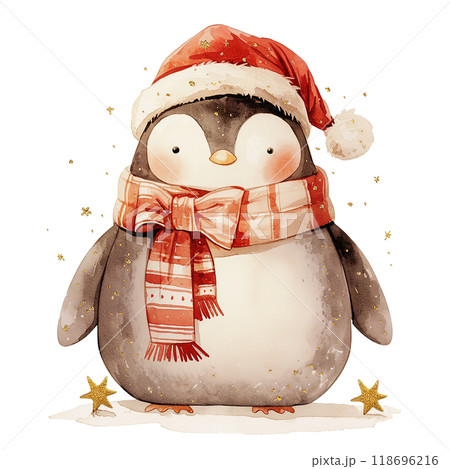 A penguin wearing a red hat and a red scarf is sitting in front of a Christmas tree and presents A penguin wearing a red hat and a red scarf is sitting in front of a Christmas tree and presents 118696216