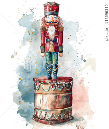A red and black nutcracker with a mustache and a drum. The nutcracker is holding a drum in his right hand A red and black nutcracker with a mustache and a drum. The nutcracker is holding a drum in his right hand 118696310