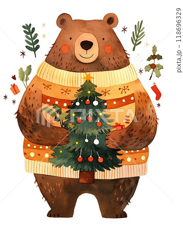 A bear is holding a Christmas tree in its paws. The bear is wearing a sweater and he is happy A bear is holding a Christmas tree in its paws. The bear is wearing a sweater and he is happy 118696329