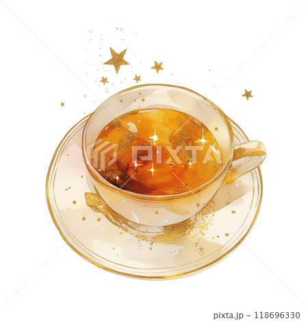 A cup of coffee is sitting on a white plate. The coffee is dark and has a rich aroma. The cup is made of glass and has a handle. The plate is decorated with gold and silver designs A cup of coffee is sitting on a white plate. The coffee is dark and has a rich aroma. The cup is made of glass and has a handle. The plate is decorated with gold and silver designs 118696330