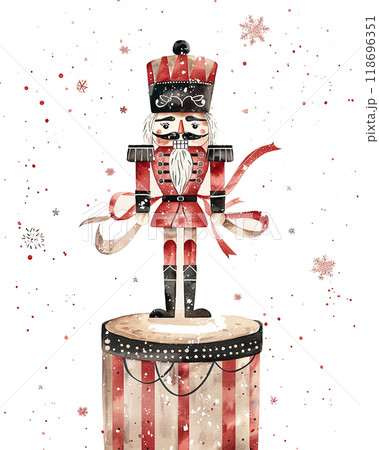A red and black nutcracker with a mustache and a drum. The nutcracker is holding a drum in his right hand A red and black nutcracker with a mustache and a drum. The nutcracker is holding a drum in his right hand 118696351