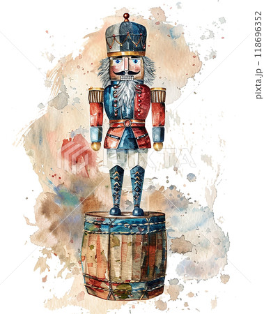 A red and black nutcracker with a mustache and a drum. The nutcracker is holding a drum in his right hand A red and black nutcracker with a mustache and a drum. The nutcracker is holding a drum in his right hand 118696352