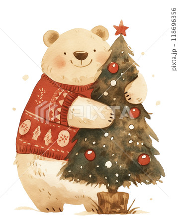 A bear is reaching for a star on top of a Christmas tree. The bear is wearing a red sweater and he is happy A bear is reaching for a star on top of a Christmas tree. The bear is wearing a red sweater and he is happy 118696356