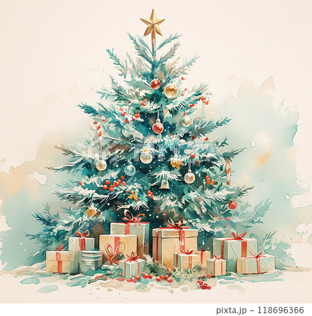 A Christmas tree with many ornaments and a star on top. The tree is surrounded by boxes of gifts, which are also decorated with ribbons. Scene is festive and joyful 118696366