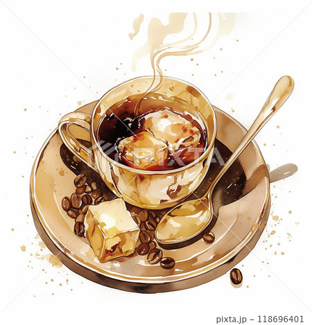 A cup of coffee with a heart drawn on it sits on a white plate. The coffee is topped with a sprinkle of nuts, giving it a cozy and comforting appearance. Concept of warmth and relaxation 118696401