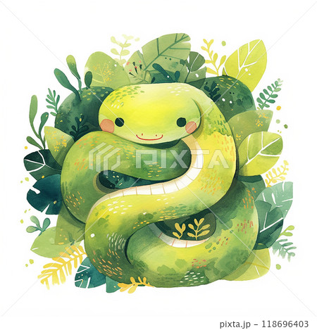 A green snake is curled up in a leafy green background. The snake is smiling and he is happy 118696403