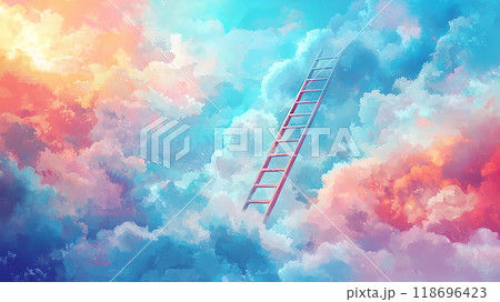 A pink and blue cloud with a ladder in the middle A pink and blue cloud with a ladder in the middle 118696423