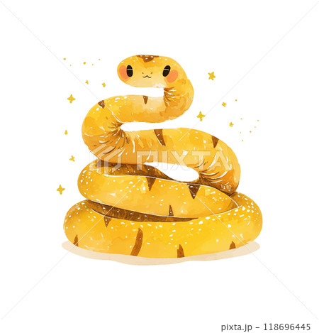A cartoon snake is curled up on a white background. The snake is yellow and has a cute face A cartoon snake is curled up on a white background. The snake is yellow and has a cute face 118696445