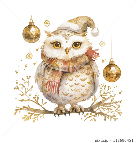 A white owl with a red scarf and a hat is sitting on a branch. There are three gold ornaments hanging from the branch A white owl with a red scarf and a hat is sitting on a branch. There are three gold ornaments hanging from the branch 118696451