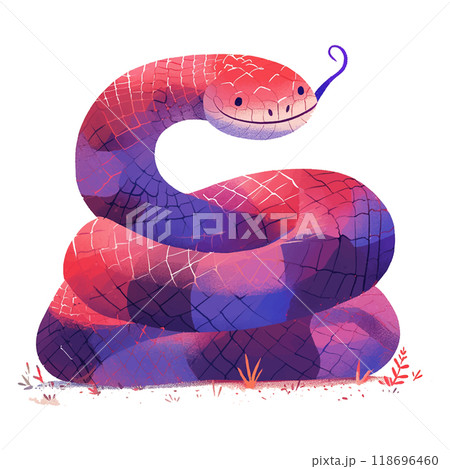 A colorful snake with a pink and blue striped body and a pink tongue. The snake is smiling and he is happy 118696460