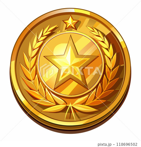 A gold coin with a star and leaves on it. The coin is shiny and golden A gold coin with a star and leaves on it. The coin is shiny and golden 118696502
