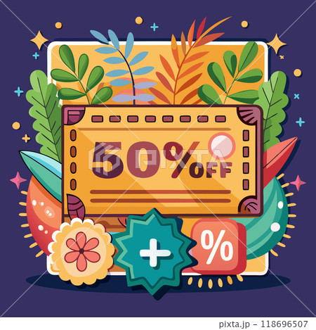 A colorful poster with a 50% off coupon for a store. The poster features a green and yellow background with a variety of plants and flowers. The poster is designed to be eye-catching and inviting 118696507