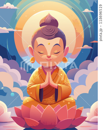 A cartoon of a Buddha boy sitting on a lotus flower. The boy is smiling and he is in a peaceful and calm state A cartoon of a Buddha boy sitting on a lotus flower. The boy is smiling and he is in a peaceful and calm state 118696519