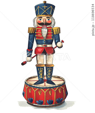 A red and black nutcracker with a mustache and a drum. The nutcracker is holding a drum in his right hand A red and black nutcracker with a mustache and a drum. The nutcracker is holding a drum in his right hand 118696534