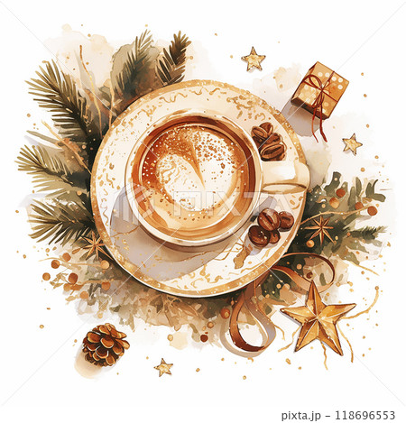 A cup of coffee with a cinnamon stick and a piece of orange on top. The image has a warm and cozy feeling, perfect for a winter day 118696553