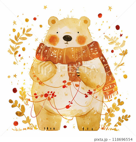 A bear is wearing a scarf and standing in a field of flowers 118696554