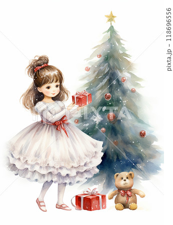 A young girl is dancing in front of a Christmas tree. The tree is decorated with many ornaments, including a star on top. The girl is wearing a white dress and he is enjoying the festive atmosphere 118696556
