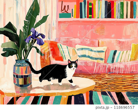 A cat is walking across a rug in a room with a vase of purple flowers on a table. The room is filled with books and a chair 118696557