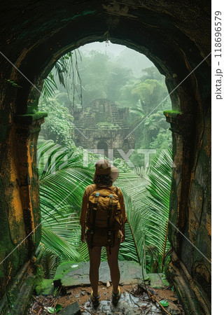 Tourists explore ancient ruins. Tourists explore ancient ruins. 118696579