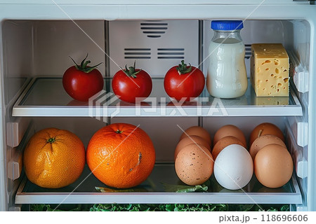 Refrigerator with healthy food. 118696606