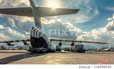 A cargo plane at the airport docks loads or unloads cargo. AI Generated 118696639