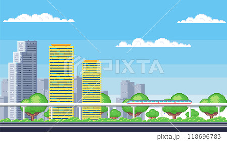 Cityscape. Pixel art. Tall skyscrapers, greenery, elevated train track dominate scene under blue sky with clouds. Ideal for urban development, transportation, architecture, green spaces, and modern 118696783