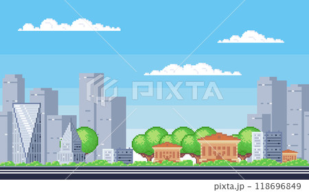Cityscape. Tall skyscrapers and residential buildings with trees, small houses. Pixel art. Ideal for urban development themes, city planning concepts, modern architecture studies, environmental design Cityscape. Tall skyscrapers and residential buildings with trees, small houses. Pixel art. Ideal for urban development themes, city planning concepts, modern architecture studies, environmental design 118696849