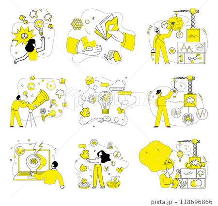 Problem solving vector illustration. Problem solving metaphorically dances with innovation in ballet progress Intelligence and analysis are guiding stars in galaxy problem solving Success blossoms 118696866