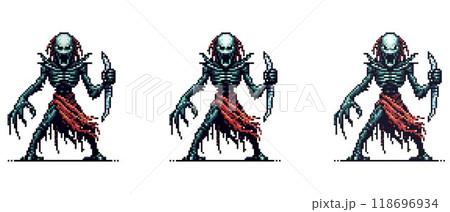 Detailed pixel art depicting a fantastic scary creature with claws, done in a gaming style. 118696934