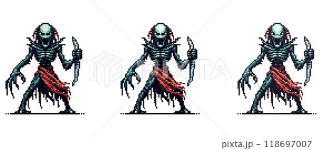 Detailed pixel art depicting a fantastic scary creature with claws, done in a gaming style. 118697007