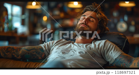Tattoo artist resting  after work in the evening at the studio 118697321