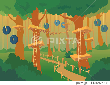 Cartoon Color Rope Adventure Park Landscape Scene Concept Flat Design Style. Vector illustration of Center with Suspension Bridges Cartoon Color Rope Adventure Park Landscape Scene Concept Flat Design Style. Vector illustration of Center with Suspension Bridges 118697454