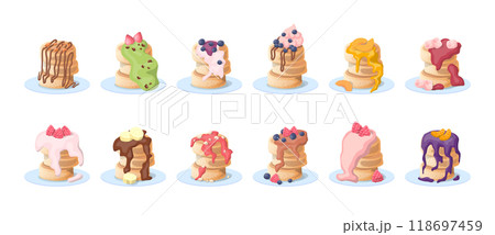 Cartoon Color Different Japan Pancakes Icons Set Concept Flat Design Style. Vector illustration of Fluffy Pancake with Topping Cartoon Color Different Japan Pancakes Icons Set Concept Flat Design Style. Vector illustration of Fluffy Pancake with Topping 118697459