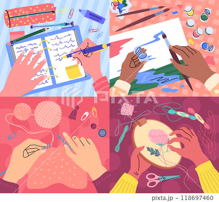 Cartoon Human Hands Hold Writing and Drawing Supplies Set Concept Flat Design Style. Vector illustration of Arms Draw and Write 118697460
