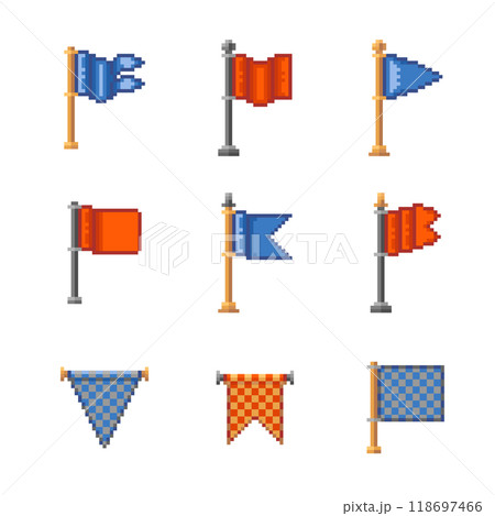 Cartoon Different Color Pixelated Flags Icons Set. Vector illustration of Wavy Flag Icon for Game or Birthday Party Cartoon Different Color Pixelated Flags Icons Set. Vector illustration of Wavy Flag Icon for Game or Birthday Party 118697466