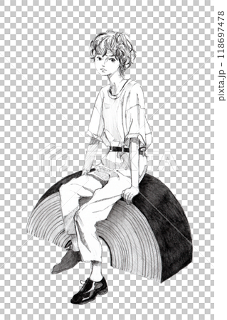 バームクーヘンに座るボーイッシュな女の子イラスト 118697478
