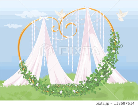 Romantic wedding photo zone background with doves 118697614