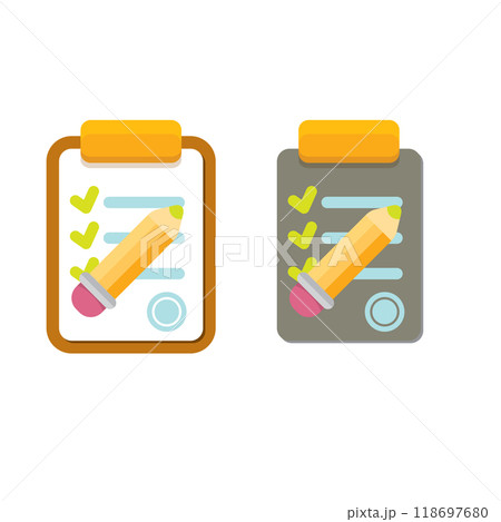 vector cartoon Clipboard icons set with green checkmarks and orange pencil isolated on transparent background. Checklist vector flat style symbol collection. to do list logo 118697680