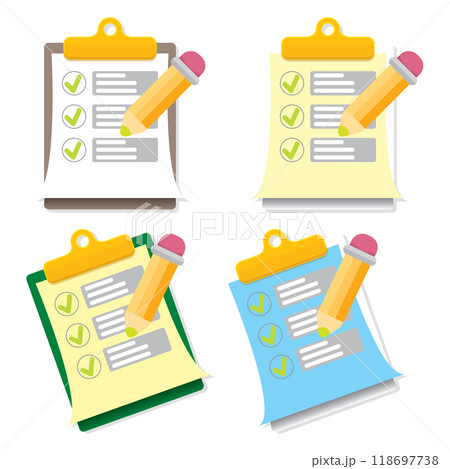 vector cartoon Clipboard icons set with green checkmarks and orange pencil isolated on transparent background. Checklist vector flat style symbol collection. to do list logo 118697738