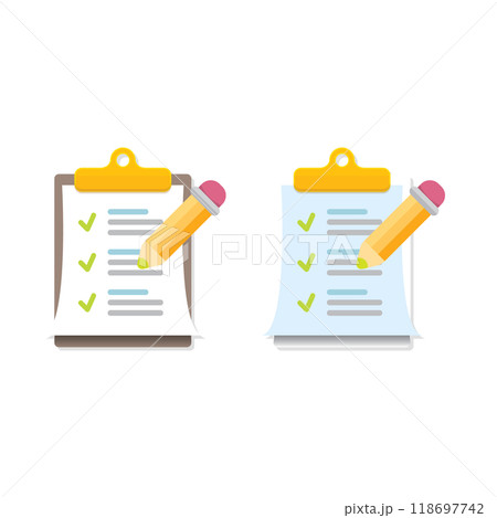 vector cartoon Clipboard icons set with green checkmarks and orange pencil isolated on transparent background. Checklist vector flat style symbol collection. to do list logo vector cartoon Clipboard icons set with green checkmarks and orange pencil isolated on transparent background. Checklist vector flat style symbol collection. to do list logo 118697742