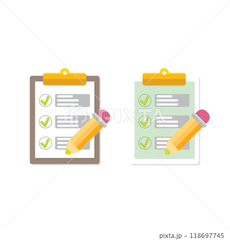 vector cartoon Clipboard icons set with green checkmarks and orange pencil isolated on transparent background. Checklist vector flat style symbol collection. to do list logo 118697745